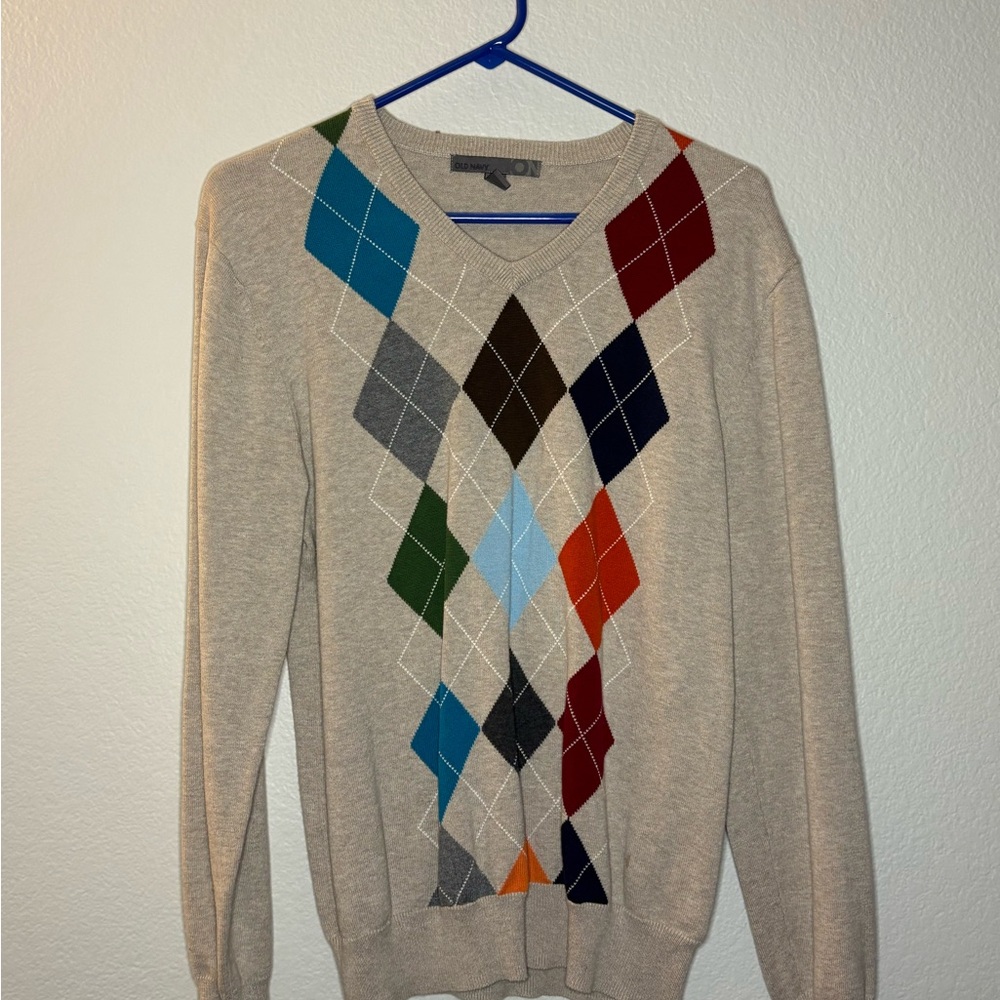 Old Navy Cream and Red V-Neck Sweater
